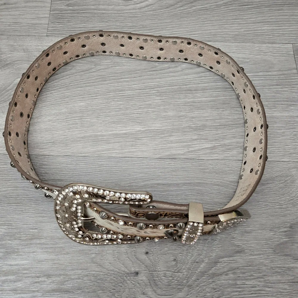 Angel Ranch Brown Leather Belt Small Western Rhinestone Cowhide Studded Cowgirl